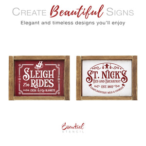 DIY rustic farmhouse Christmas wood sign stencils, Sleigh rides 25¢ warm cocoa and cozy blankets wood sign stencil, St. Nick's bed and breakfast complimentary milk and cookies vintage Christmas woos sign stencil, Christmas wood signs