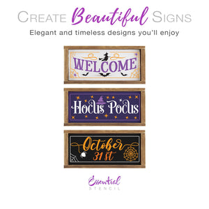 DIY reusable Halloween stencils for paint wood signs, Welcome halloween stencil, hocus pocus wood sign stencil, October 31st stencil for painting wood signs, diy halloween front door wood sign decor