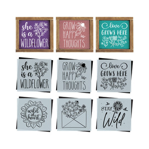 DIY reusable modern farmhouse wildflower mini wood signs, whimsical boho wildflower home decor stencils, flower tiered tray wood sign, Spring flower mini sign stencils, she is a wildflower, grow happy thoughts, love grows here, wild at heart, stay wild, envelope full of flowers, upcycle, flower arts and crafts, scrapbooking, junk journal, card making