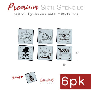 DIY reusable farmhouse christmas wood sign stencils, let it snow snowflake wood sign stencil, baby its cold outside min wood sign stencil, dreaming of a white christmas wood sign stencil, christmas gnome with snowflake wood sign stencil, happy snowman wood sign stencil, snowman lookin up stencil, vintage truck with christmas tree, diy Winter home decor, winter and christmas tiered tray wood signs