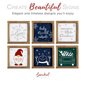 DIY reusable farmhouse christmas wood sign stencils, let it snow snowflake wood sign stencil, baby its cold outside min wood sign stencil, dreaming of a white christmas wood sign stencil, christmas gnome with snowflake wood sign stencil, happy snowman wood sign stencil, snowman lookin up stencil, vintage truck with christmas tree, diy Winter home decor, winter and christmas tiered tray wood signs
