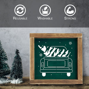 DIY reusable farmhouse christmas wood sign stencils, let it snow snowflake wood sign stencil, baby its cold outside min wood sign stencil, dreaming of a white christmas wood sign stencil, christmas gnome with snowflake wood sign stencil, happy snowman wood sign stencil, snowman lookin up stencil, vintage truck with christmas tree, diy Winter home decor, winter and christmas tiered tray wood signs
