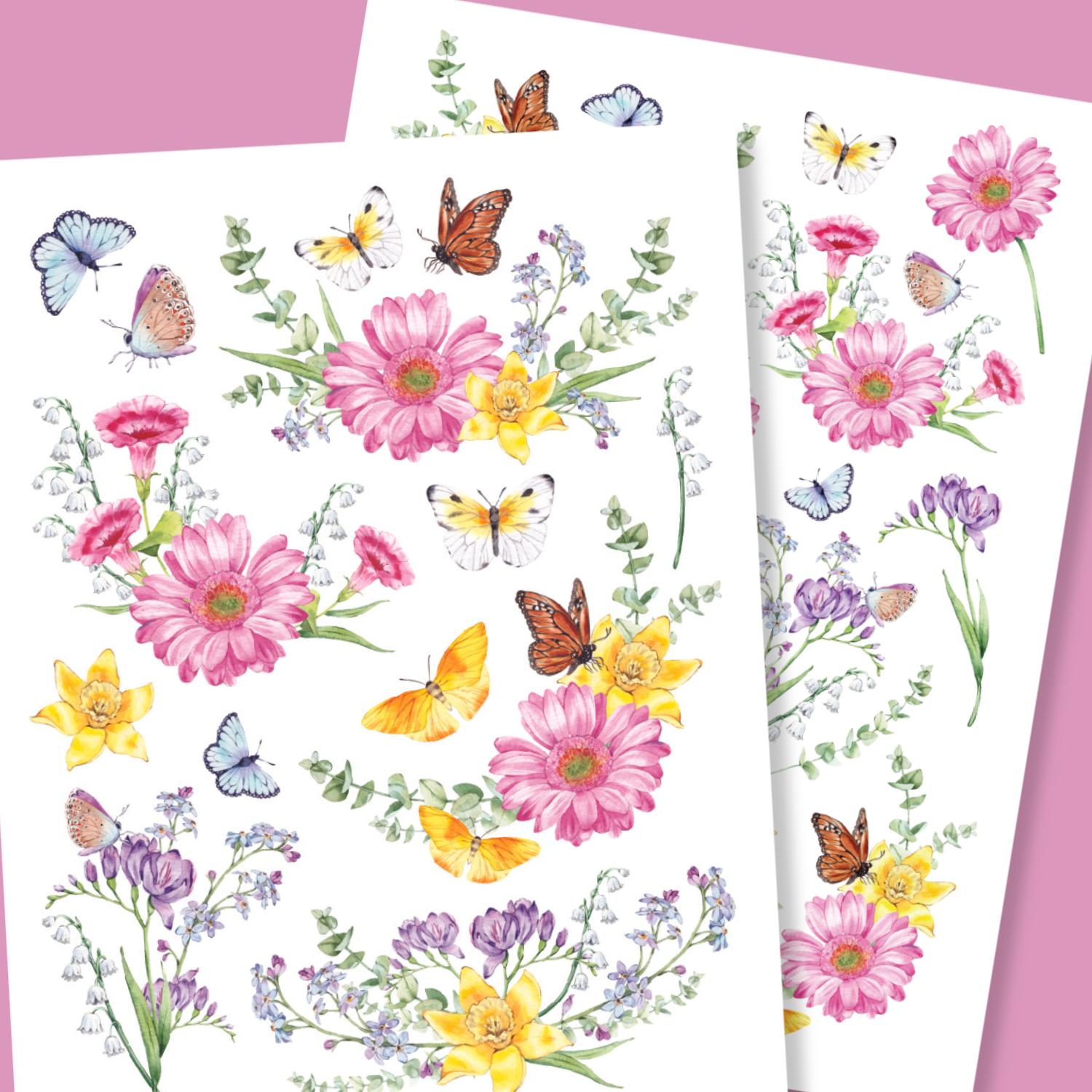 Spring Flowers & Butterflies Rub-on Transfer-Rub-on Transfer-Essential Stencil