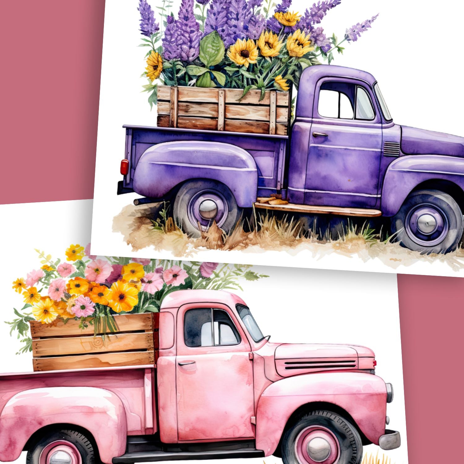 Floral Vintage Trucks Rub-on Transfer - Essential Stencil