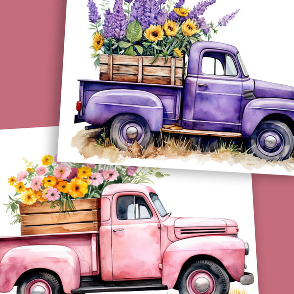 Floral Vintage Trucks Rub-on Transfer - Essential Stencil