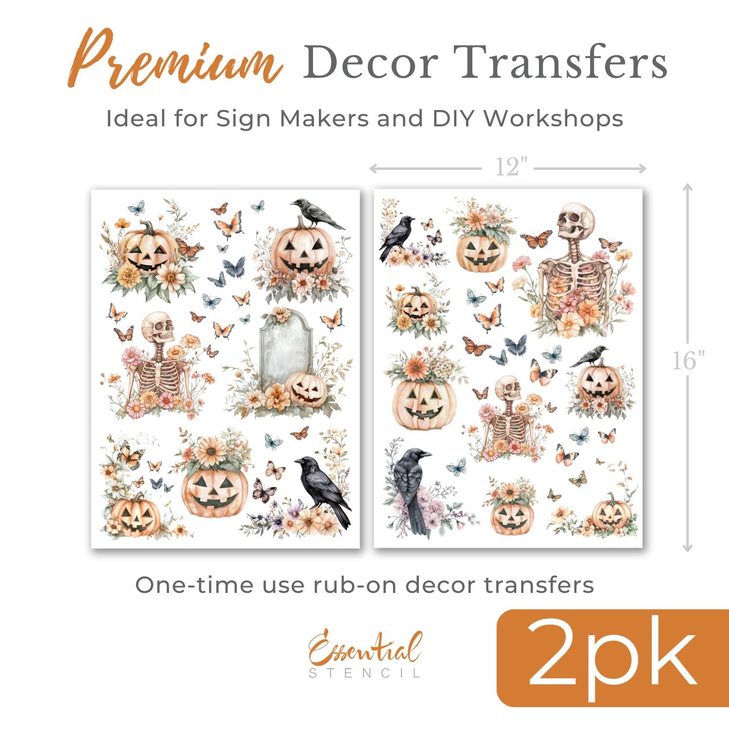 Bones to Blossoms Halloween Rub-on Transfer Set-Rub-on Transfer-Essential Stencil