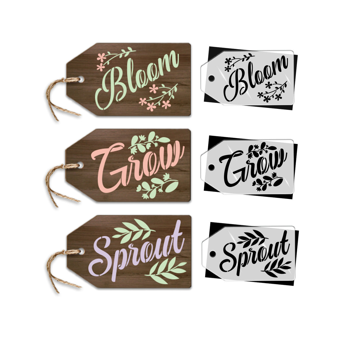 Bloom. Grow. Sprout Mini Tag Stencils (3pk)-Spring-Essential Stencil