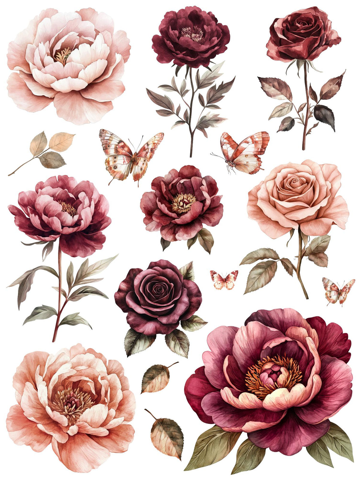 Burgundy & Rust Floral Rub-on Transfer Set-Rub-on Transfer-Essential Stencil