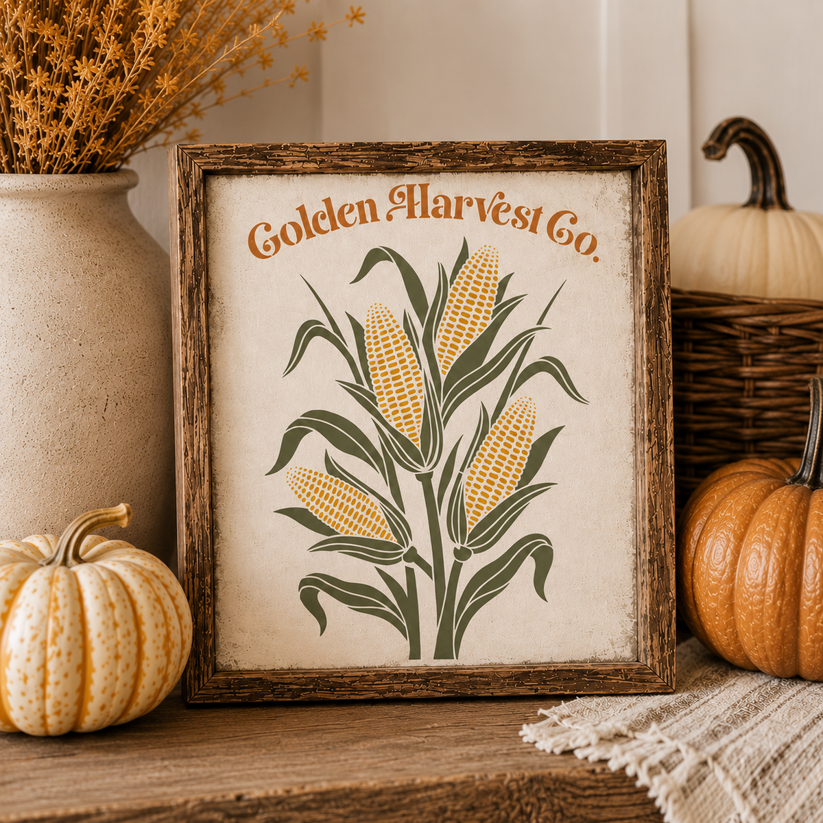 A framed rustic decorative sign featuring an illustration of three ears of corn with the text 'Golden Harvest Co.' in orange lettering, styled on a wooden surface with pumpkins, a wicker basket, and a ceramic vase.