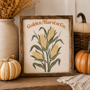 A framed rustic decorative sign featuring an illustration of three ears of corn with the text 'Golden Harvest Co.' in orange lettering, styled on a wooden surface with pumpkins, a wicker basket, and a ceramic vase.
