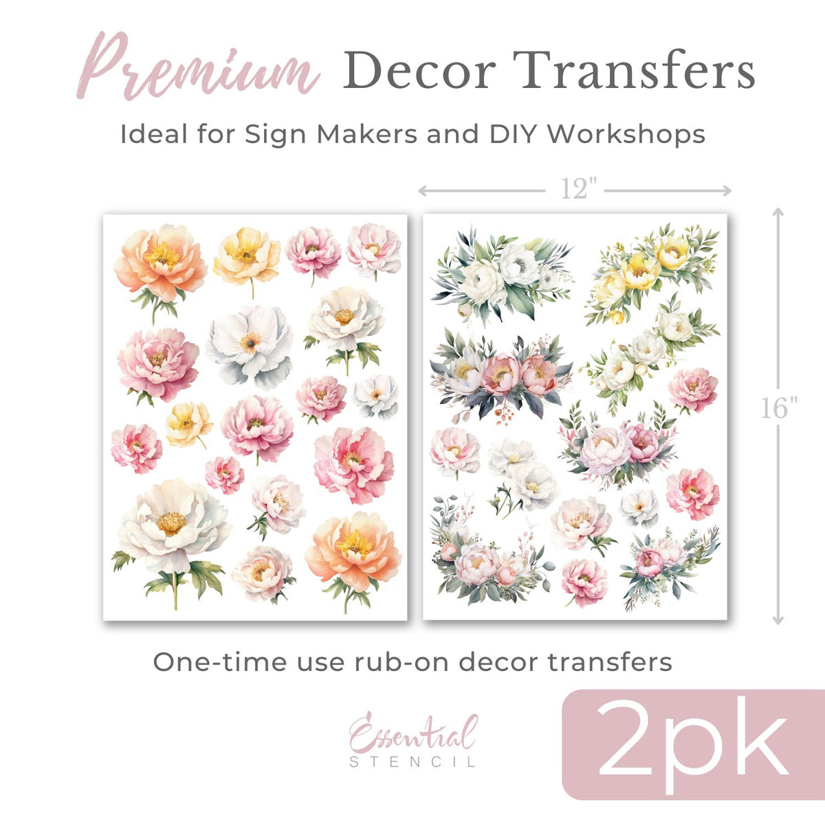 Peonies in Bloom Rub-on Transfer Set-Rub-on Transfer-Essential Stencil