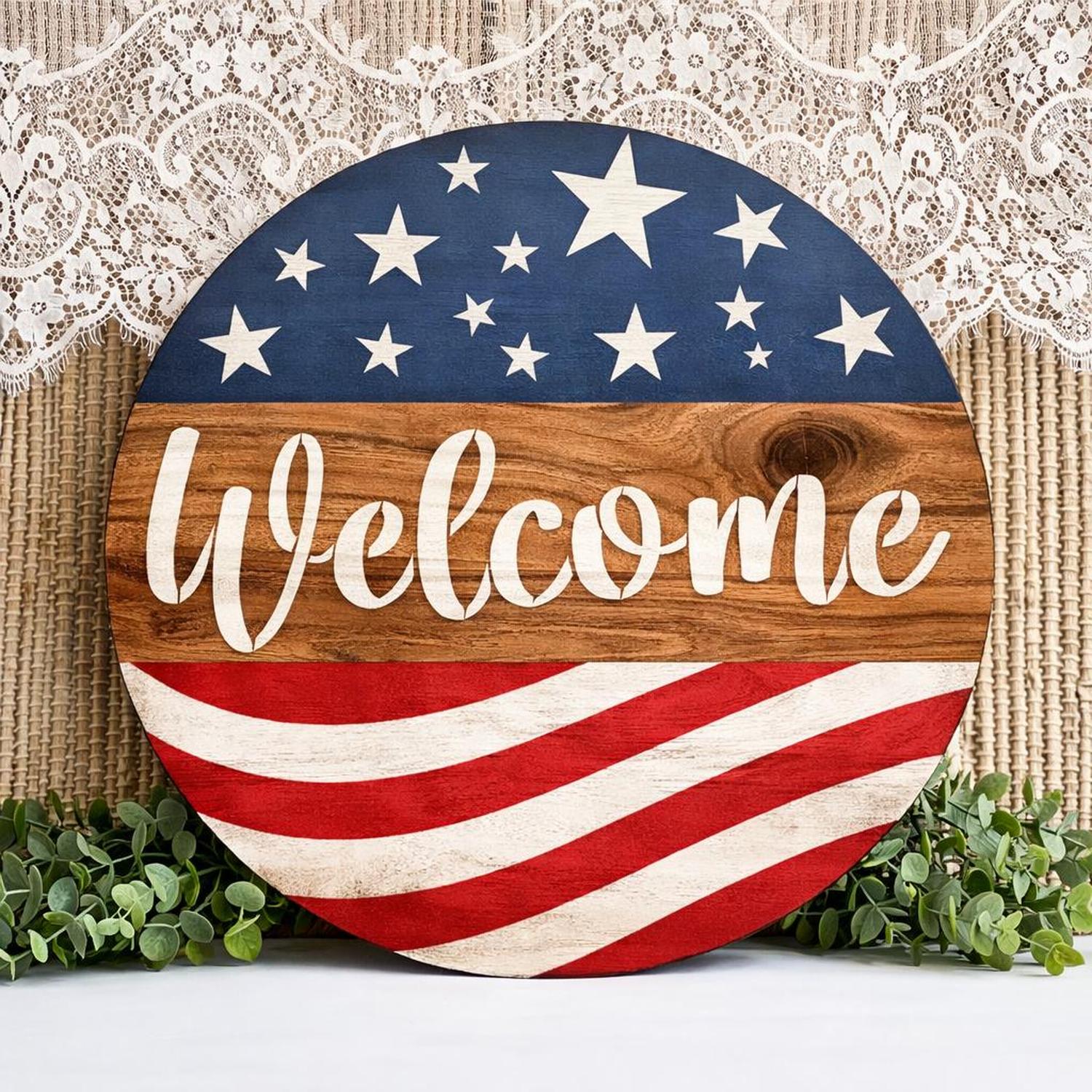 American Flag Welcome Door Hanger Stencil - Essential Stencil