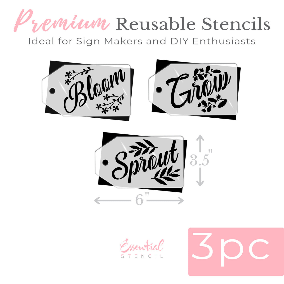 Bloom. Grow. Sprout Mini Tag Stencils (3pk)-Spring-Essential Stencil