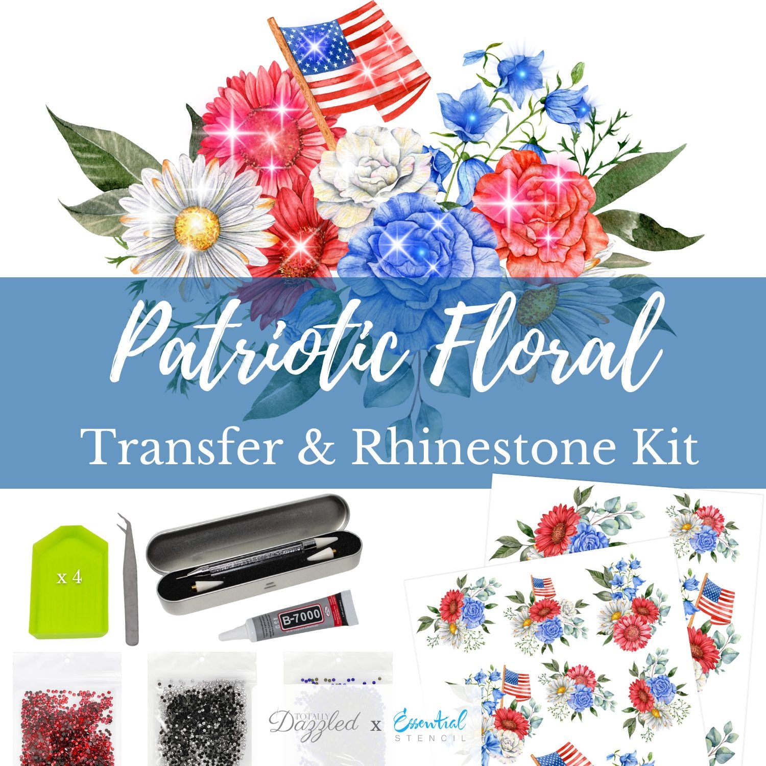 Patriotic Florals Transfer & Rhinestone Kit-Rub-on Transfer-Essential Stencil