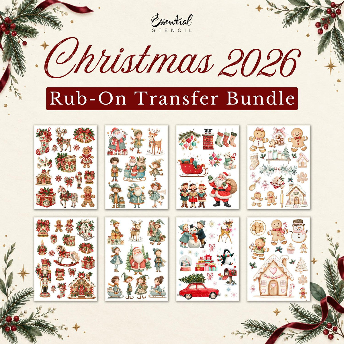 Christmas 2026 Rub-on Transfer Bundle with all eight 12 by 16 inch sheets: Folk Art Christmas, Whimsical Christmas, Retro Christmas, and Gingerbread Bakery.