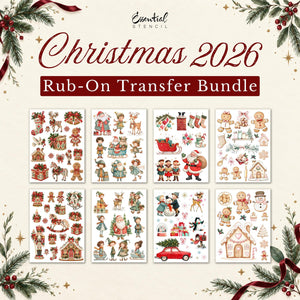 Christmas 2026 Rub-on Transfer Bundle with all eight 12 by 16 inch sheets: Folk Art Christmas, Whimsical Christmas, Retro Christmas, and Gingerbread Bakery.