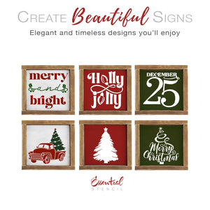 DIY farmhouse Christmas stencils for painting mini wood signs, DIY christmas tiered tray wood signs stencils, merry and bright stencil, holly jolly stencil, December 25 stencil, Christmas tree vintage truck, Christmas tree silhouette with star, abstract merry christmas tree stencil for mini wood sign, DIY holiday crafts