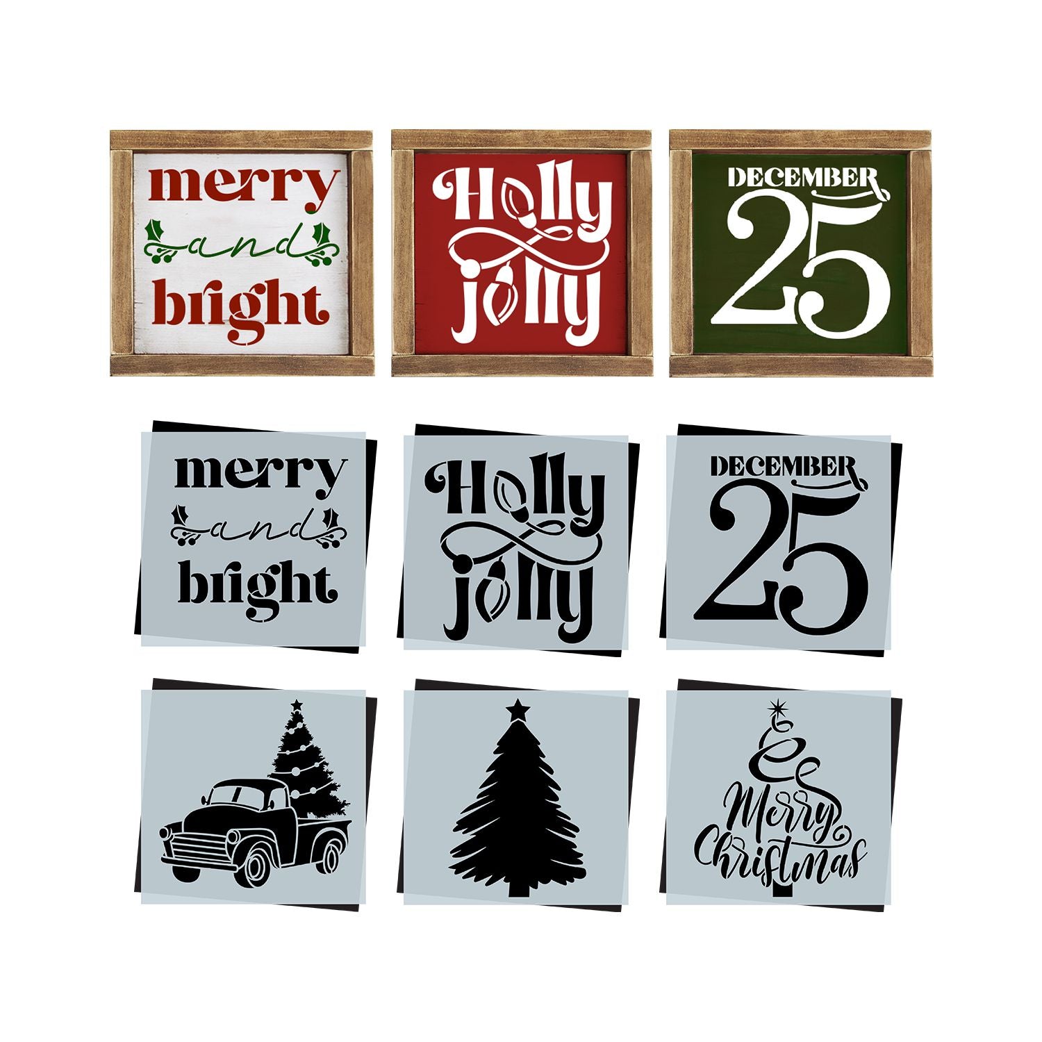 DIY farmhouse Christmas stencils for painting mini wood signs, DIY christmas tiered tray wood signs stencils, merry and bright stencil, holly jolly stencil, December 25 stencil, Christmas tree vintage truck,  Christmas tree  silhouette with star, abstract merry christmas tree  stencil  for mini  wood sign, DIY holiday crafts
