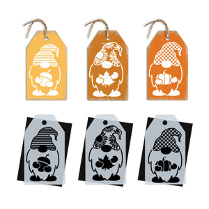 DIY reusable fall gnome mini tag stencils, gnome with sunflower hat, gnome with fall leaf, gnome with acorn , gnome holding pumpkin, Mini autumn gnome tiered tray tags, fall wood tags, mini gnome stencils, gnome holding maple leaf, gnome with striped hat, gnome with polk a dot hat