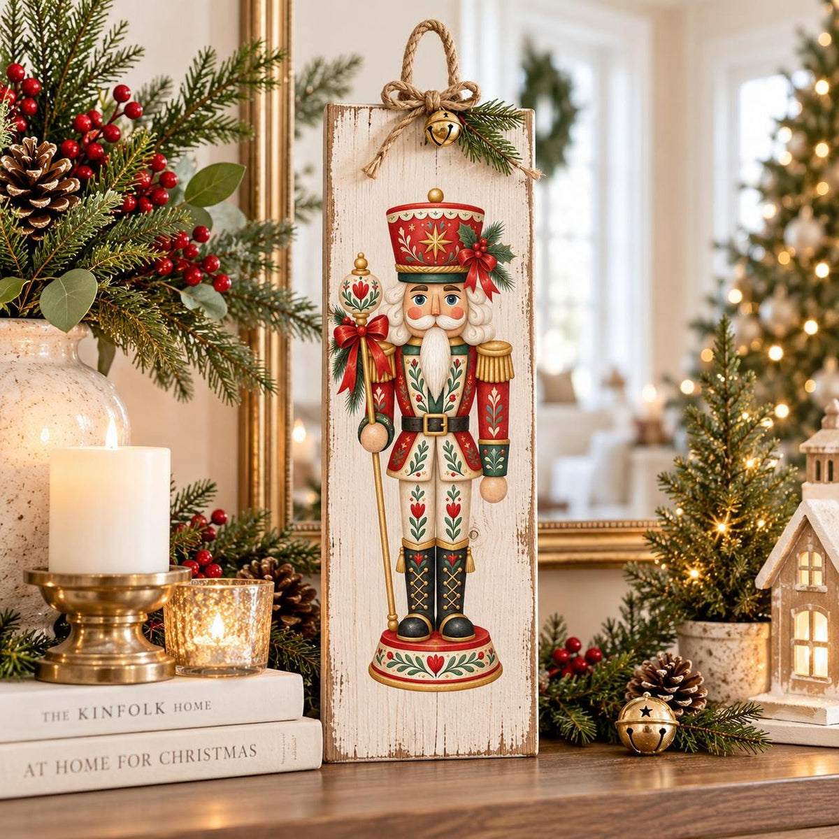 Folk Art Christmas nutcracker transfer on a rustic wooden holiday sign.