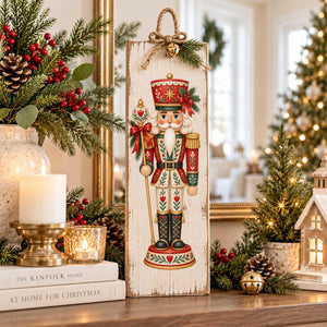 Folk Art Christmas nutcracker transfer on a rustic wooden holiday sign.