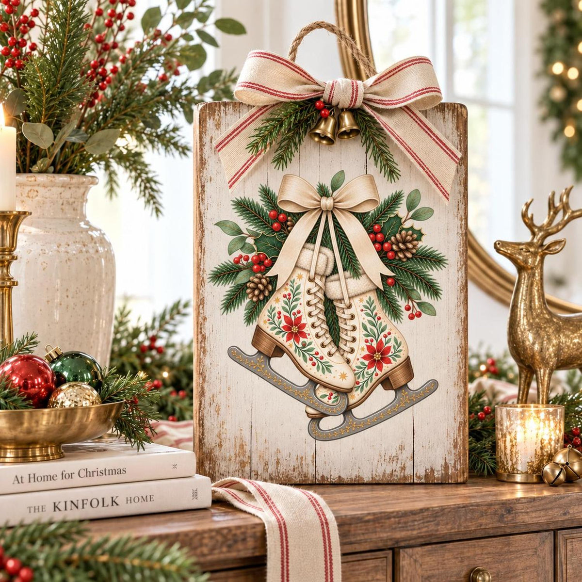 Folk Art Christmas ice-skate transfer on a rustic handled wooden board.