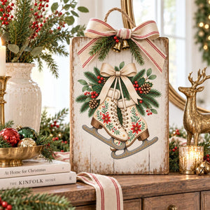 Folk Art Christmas ice-skate transfer on a rustic handled wooden board.
