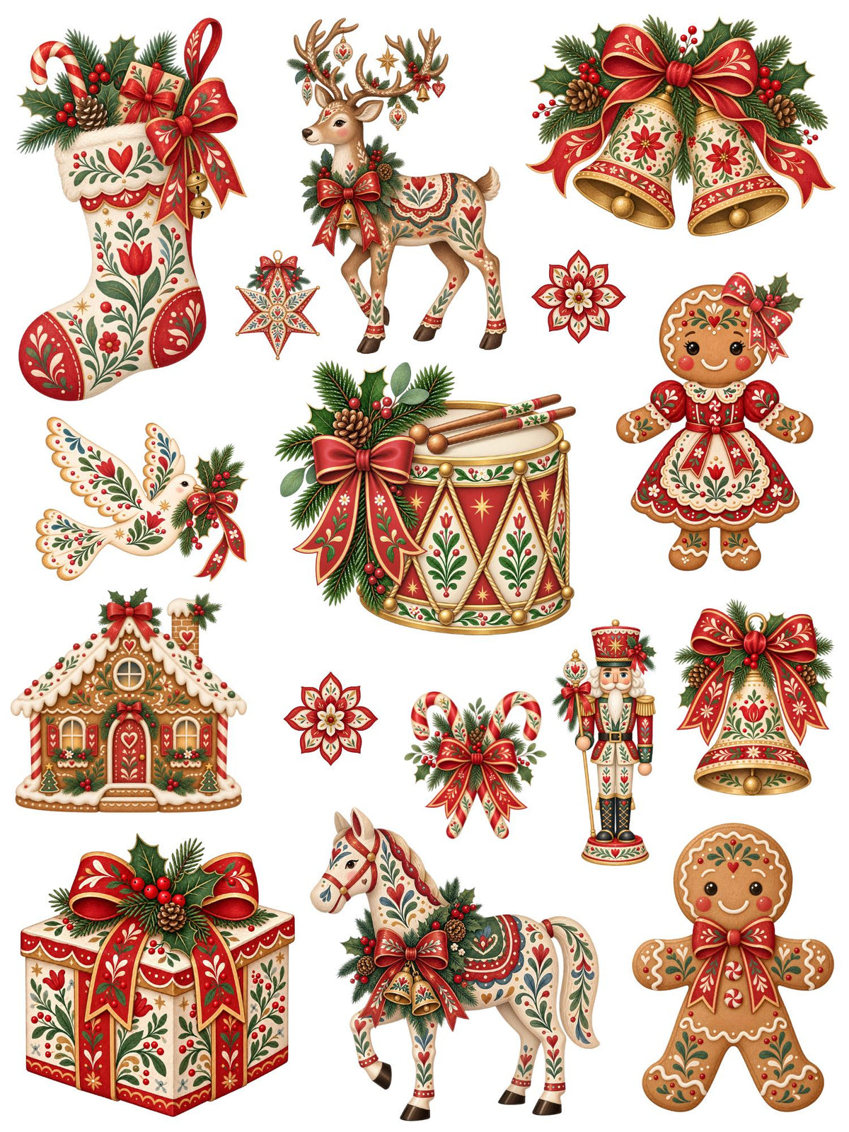 Folk Art Christmas rub-on transfer sheet 1 with floral reindeer, bells, nutcracker, gingerbread figures and a decorated horse.