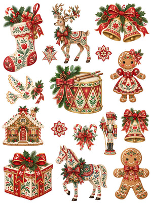 Folk Art Christmas rub-on transfer sheet 1 with floral reindeer, bells, nutcracker, gingerbread figures and a decorated horse.
