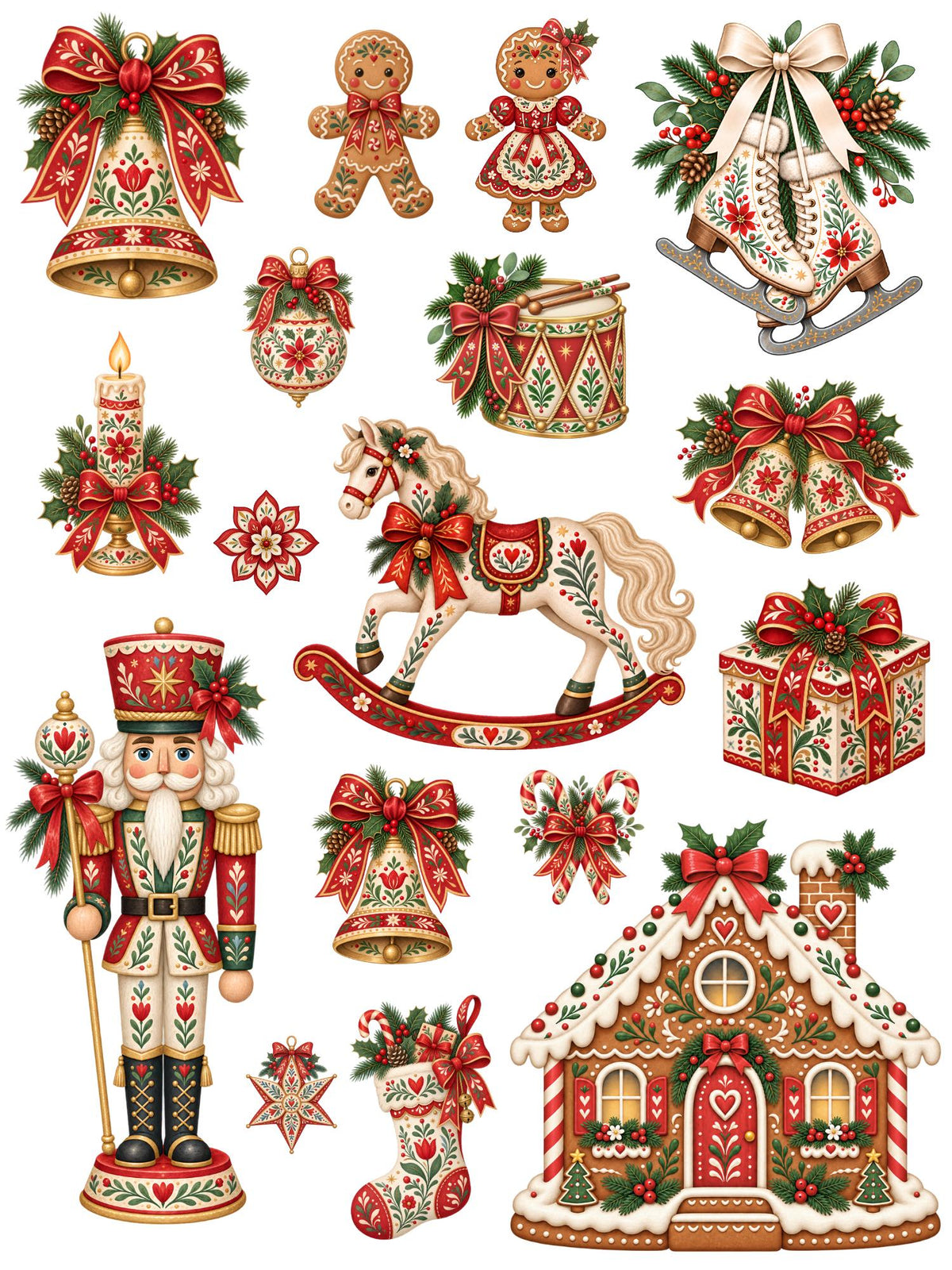 Folk Art Christmas rub-on transfer sheet 2 with a rocking horse, nutcracker, ice skates, bells and gingerbread house.