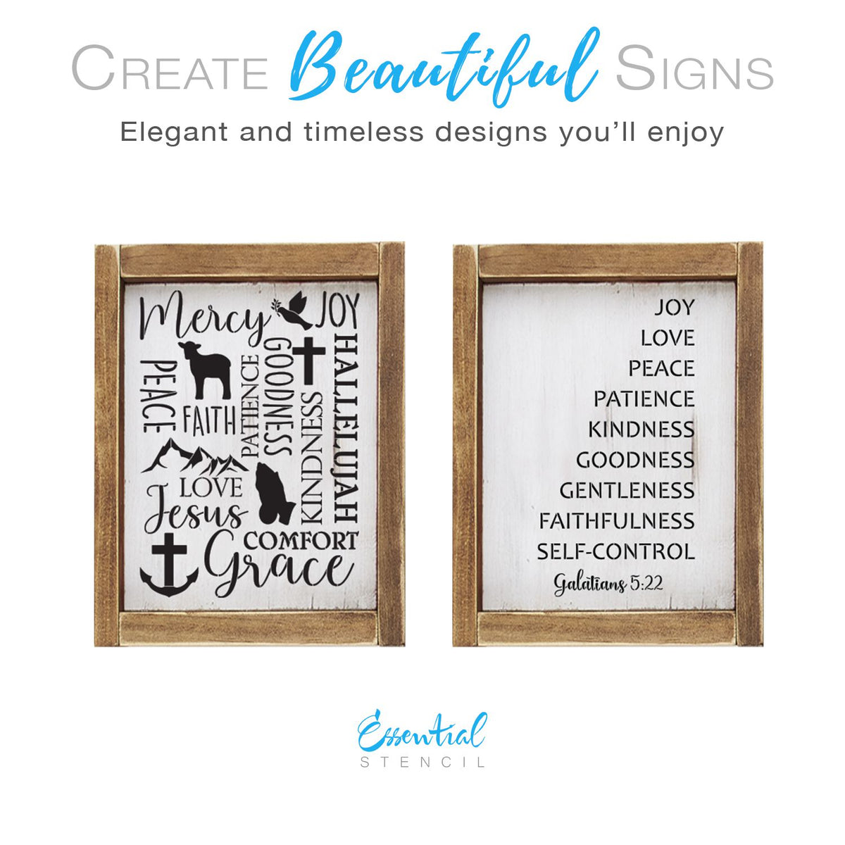 diy reusable farmhouse scripture sign stencil, christian collage sign stencil, Mercy, Joy, Peace, Faith, Patience, Goodness, Kindness, Hallelujah, Love, Jesus, Comfort, Grace sign stencil, Joy, Love, Peace, Patience, Kindness, Goodness, Gentleness, Faithfulness, Self-Control - Galatians 5:22 sign stencil, dove with olive branch lamb cross praying hands mountains anchor scripture stencil collage