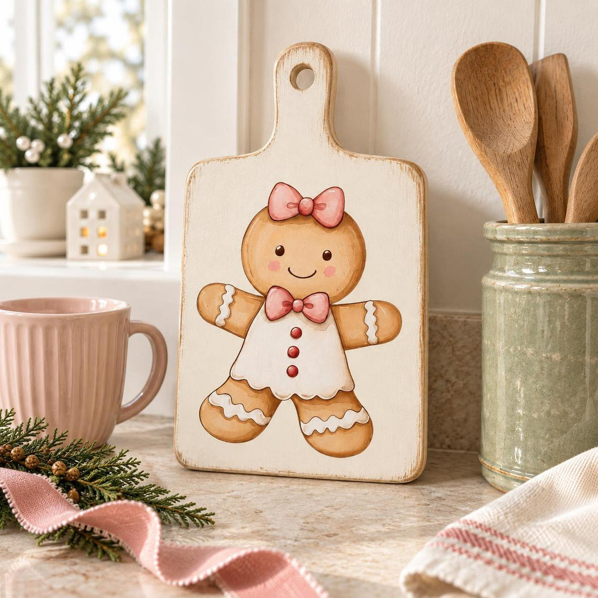 Gingerbread Bakery gingerbread girl transfer on a decorative wooden cutting board.