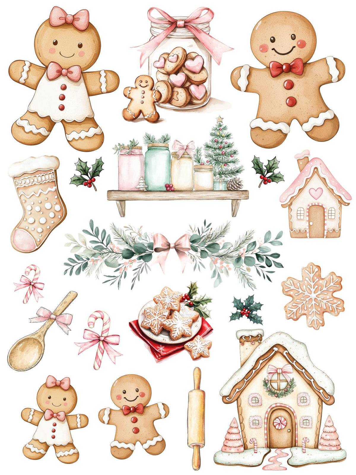 Gingerbread Bakery rub-on transfer sheet 1 with gingerbread people, pastel houses, cookies, baking tools and greenery.