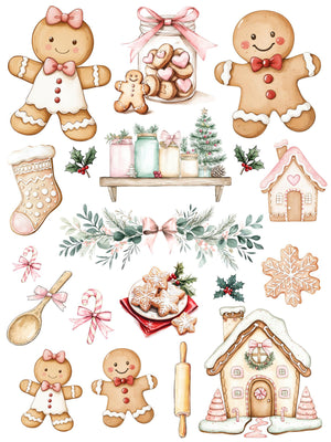 Gingerbread Bakery rub-on transfer sheet 1 with gingerbread people, pastel houses, cookies, baking tools and greenery.