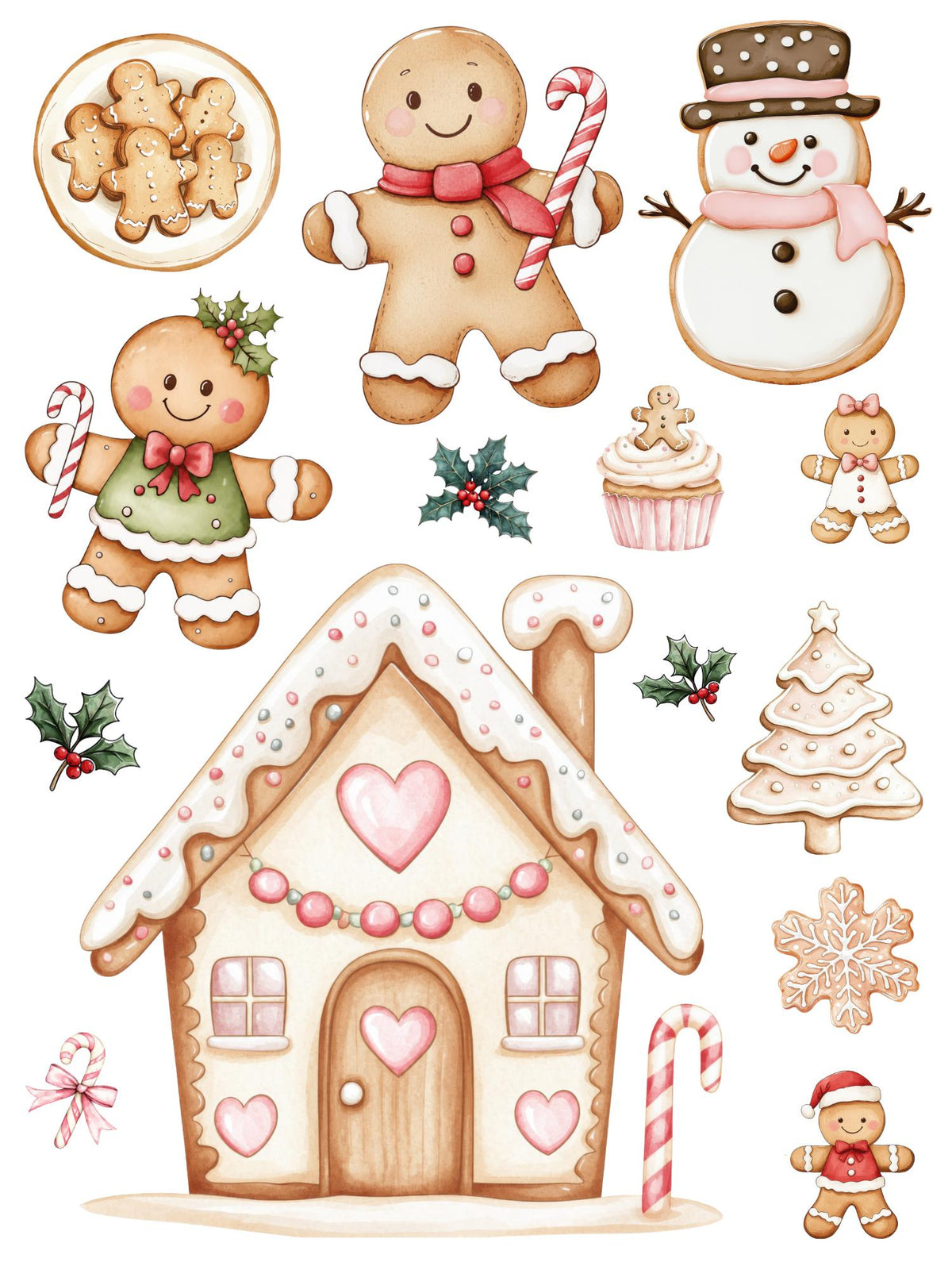 Gingerbread Bakery rub-on transfer sheet 2 with a pink gingerbread house, gingerbread figures, snowman cookie, cupcake and candy canes.