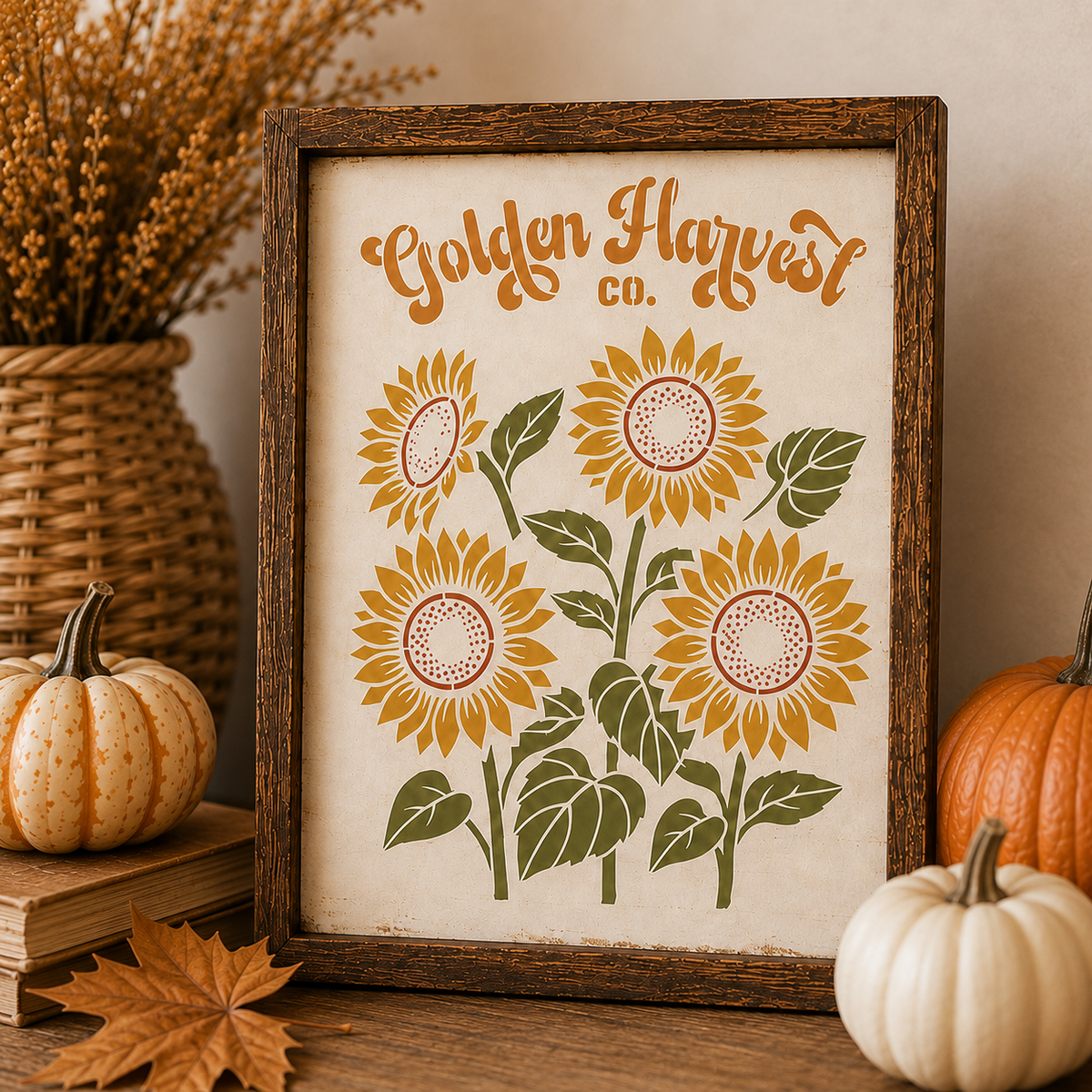 A framed autumn-themed art print featuring four yellow sunflowers with green leaves and the text 'Golden Harvest co.' in orange script, styled on a wooden surface with pumpkins, a wicker basket, and a dried floral arrangement in the background.