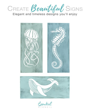 DIY reusable coastal summer silhouette stencils, Jellyfish silhouette stencil, seahorse stencil, whale stencil, jellyfish cutout, seahorse silhouette cutout, whale silhouette cutout, sea creature stencils, under the sea wood signs, whale sign, seahorse sign, jellyfish sign, diy summer project