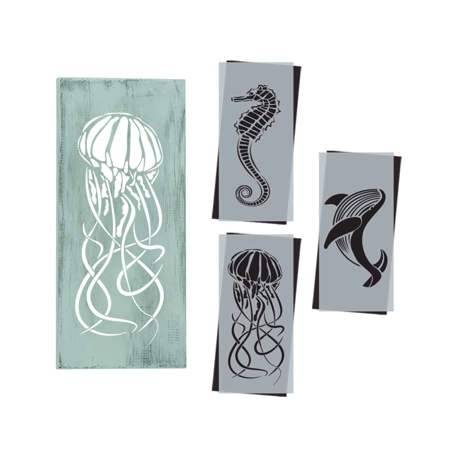 DIY reusable coastal summer silhouette stencils, Jellyfish silhouette stencil, seahorse stencil, whale stencil, jellyfish cutout, seahorse silhouette cutout, whale silhouette cutout, sea creature stencils, under the sea wood signs, whale sign, seahorse sign, jellyfish sign, diy summer project