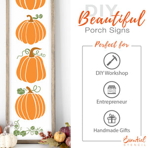DIY reversible fall and halloween porch leaner sign stencils, stacked pumpkins stencil, jack o lantern stencils, pumpkin faces stencils, pumpkin vines stencils, DIY 4ft vertical fall porch sign, fall front door decor, front porch fall decor, Halloween front door decor, diy halloween decorations