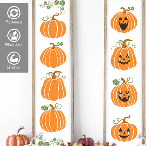 DIY reversible fall and halloween porch leaner sign stencils, stacked pumpkins stencil, jack o lantern stencils, pumpkin faces stencils, pumpkin vines stencils, DIY 4ft vertical fall porch sign, fall front door decor, front porch fall decor, Halloween front door decor, diy halloween decorations