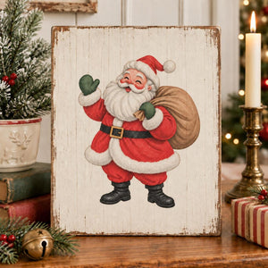 Retro Christmas Santa transfer on a rustic wooden holiday sign.