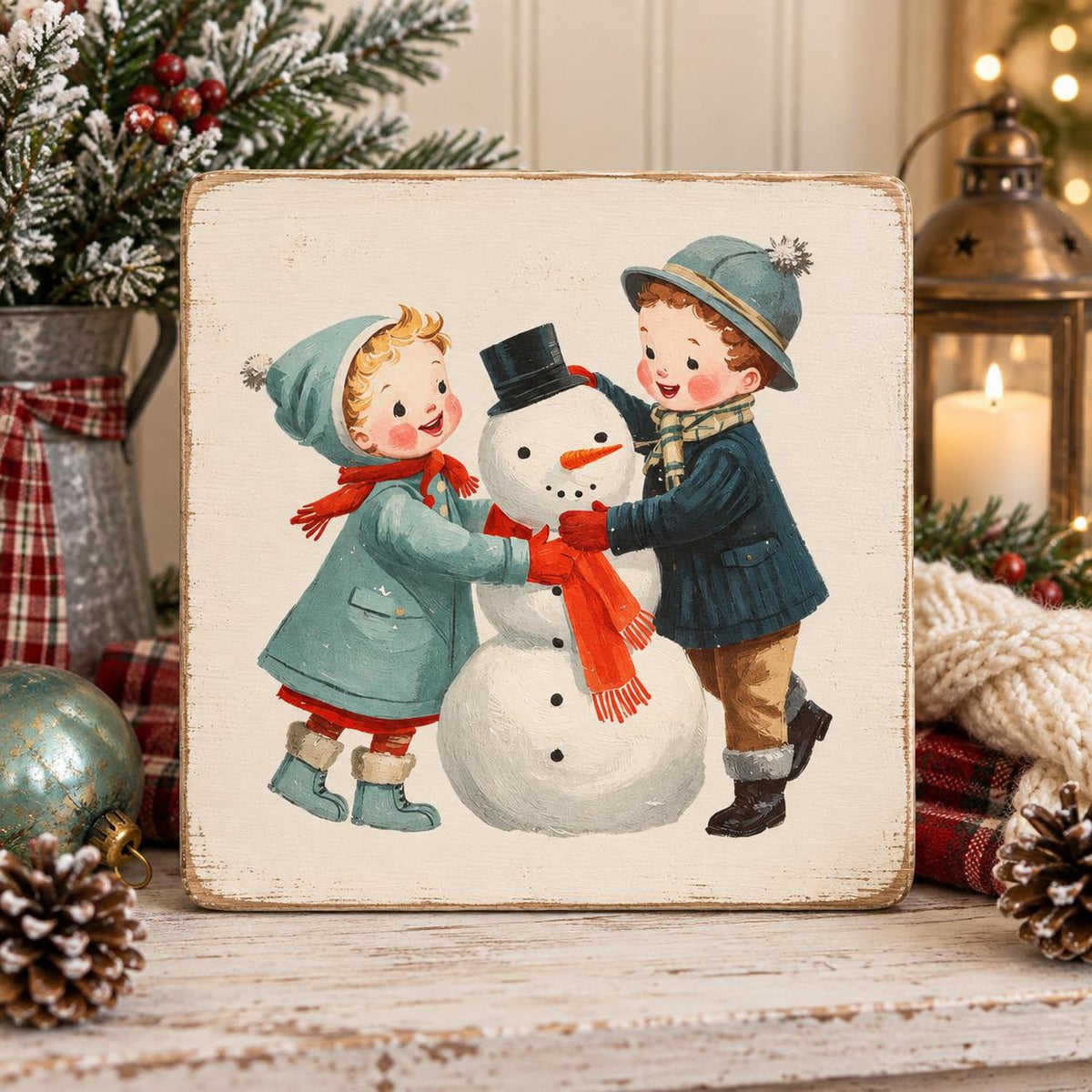 Retro Christmas children building a snowman transfer on a square wooden sign.