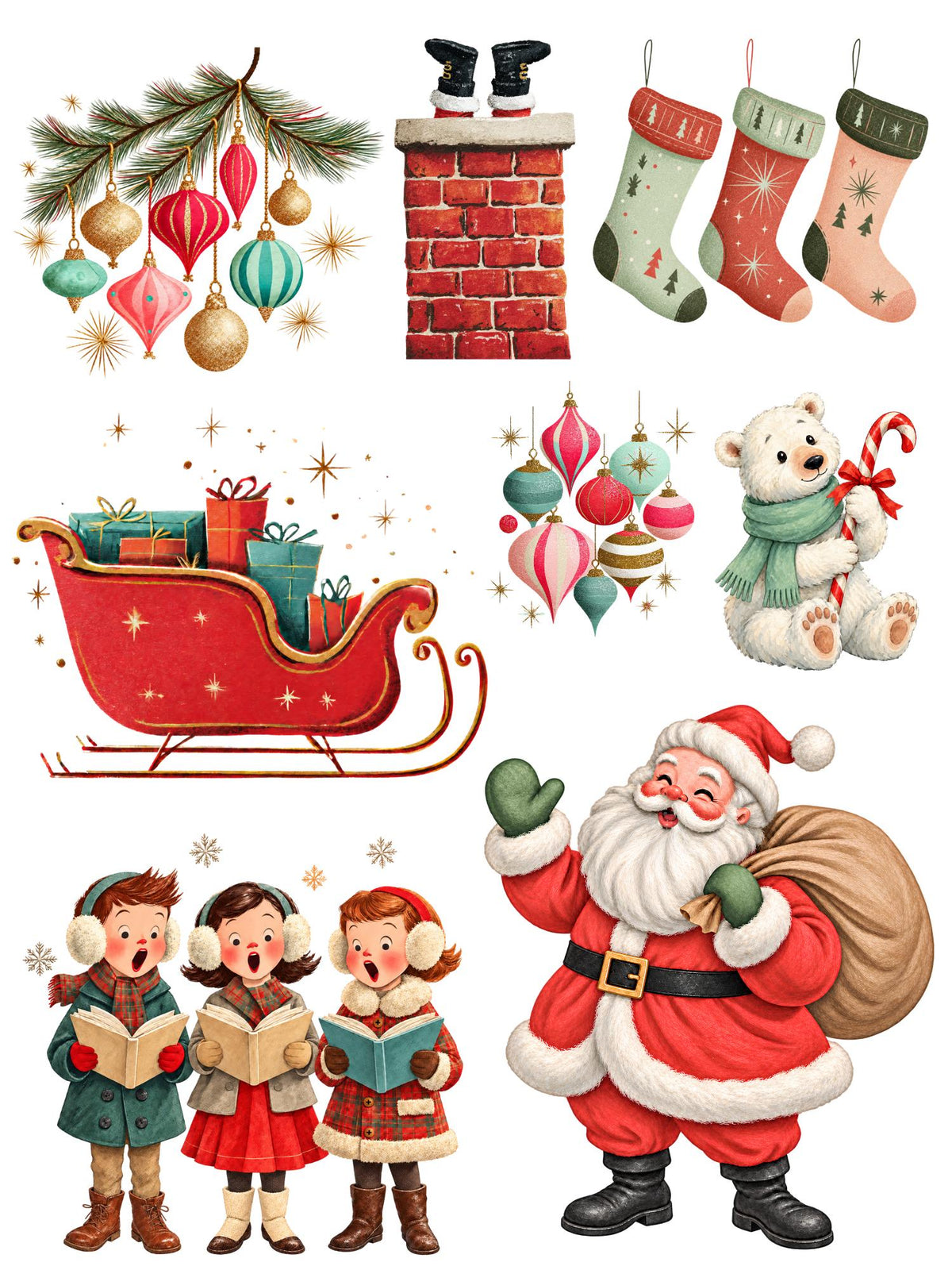 Retro Christmas rub-on transfer sheet 1 with vintage-style Santa, carolers, ornaments, stockings, a sleigh and a polar bear.