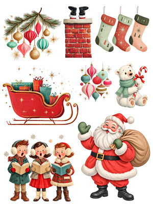 Retro Christmas rub-on transfer sheet 1 with vintage-style Santa, carolers, ornaments, stockings, a sleigh and a polar bear.