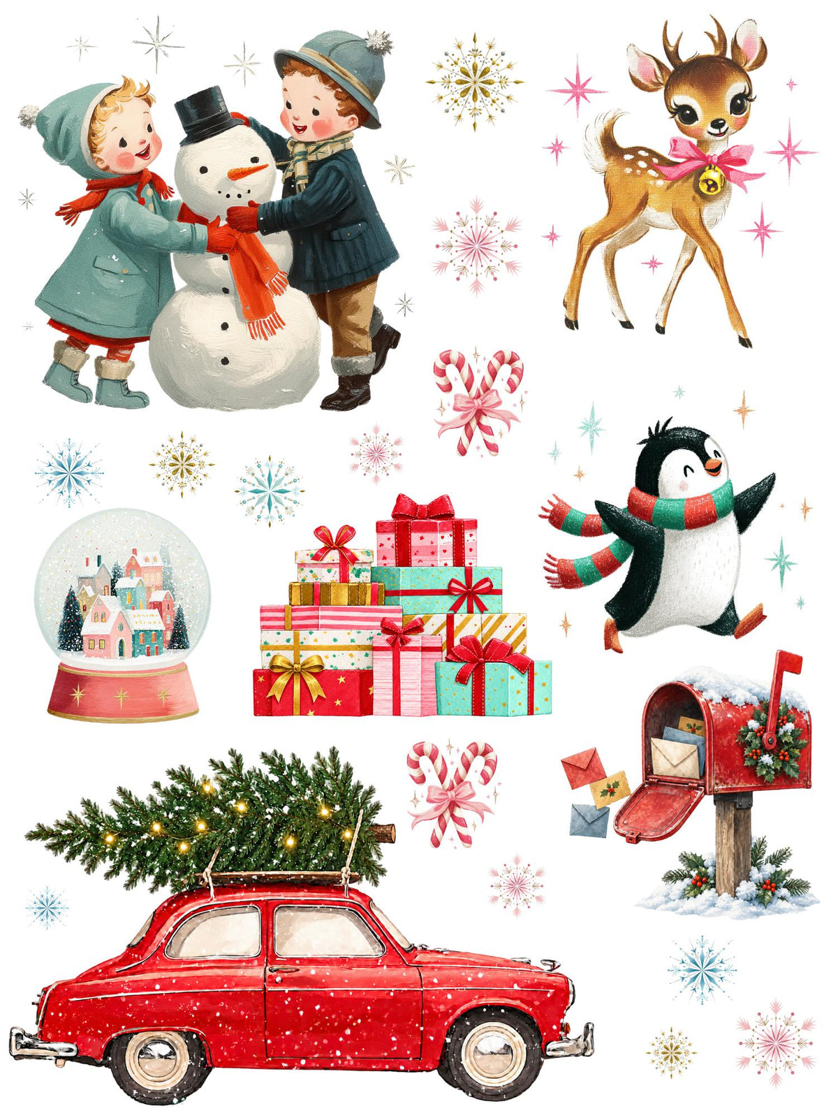 Retro Christmas rub-on transfer sheet 2 with a red car carrying a tree, snow globe, reindeer, penguin and children building a snowman.