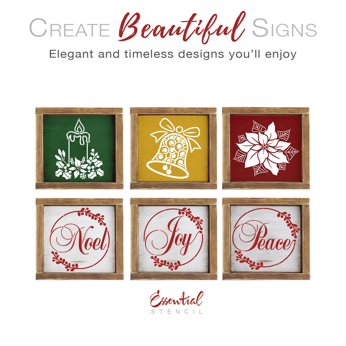 DIY reusable Christmas mini wood sign stencils for painting, Vintage Christmas stencils, Christmas candle silhouette, christmas bell stencil, poinsettia flower cut out, Noel script stencils, joy script stencil, peace script stencil