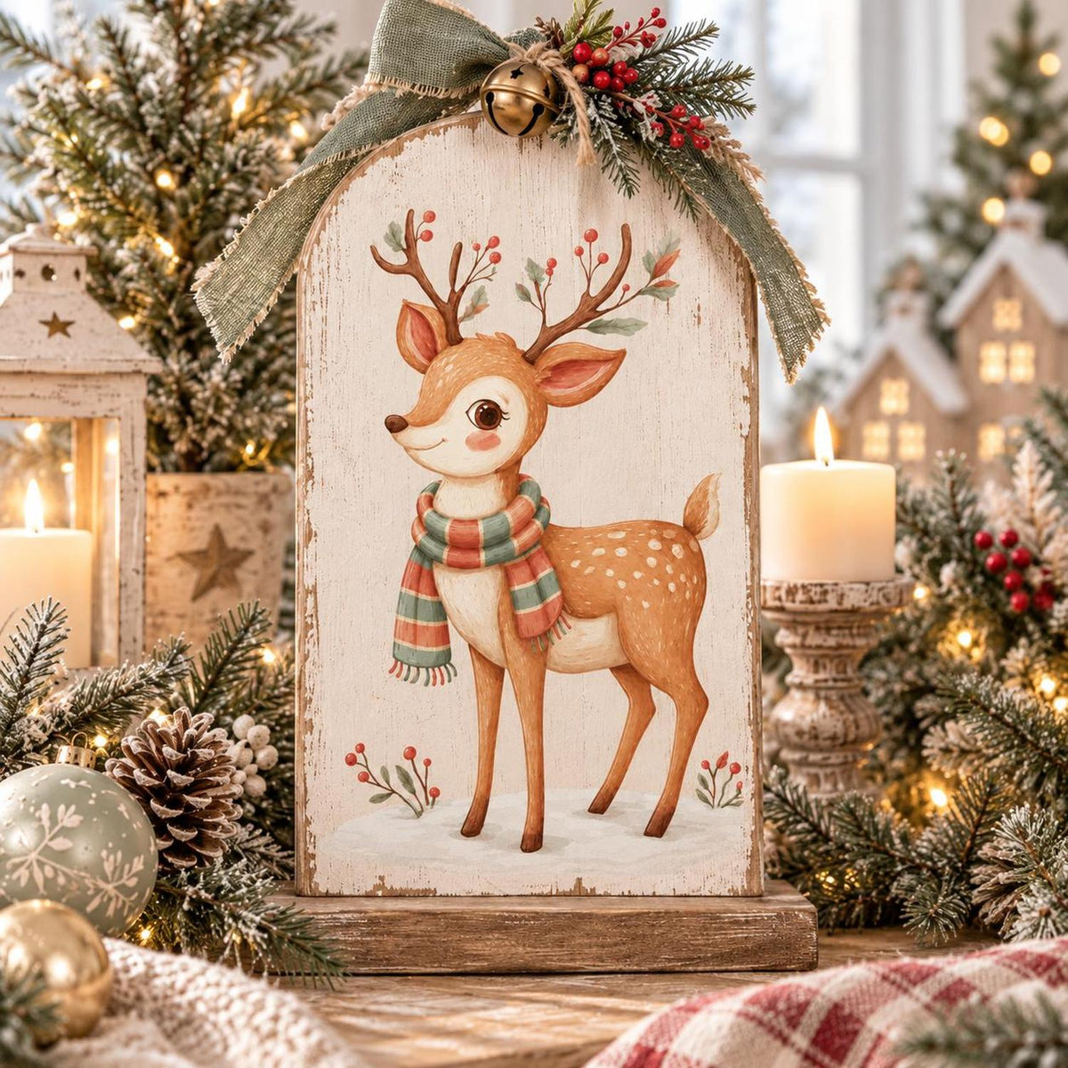 Whimsical Christmas reindeer transfer on an arched wooden holiday sign.