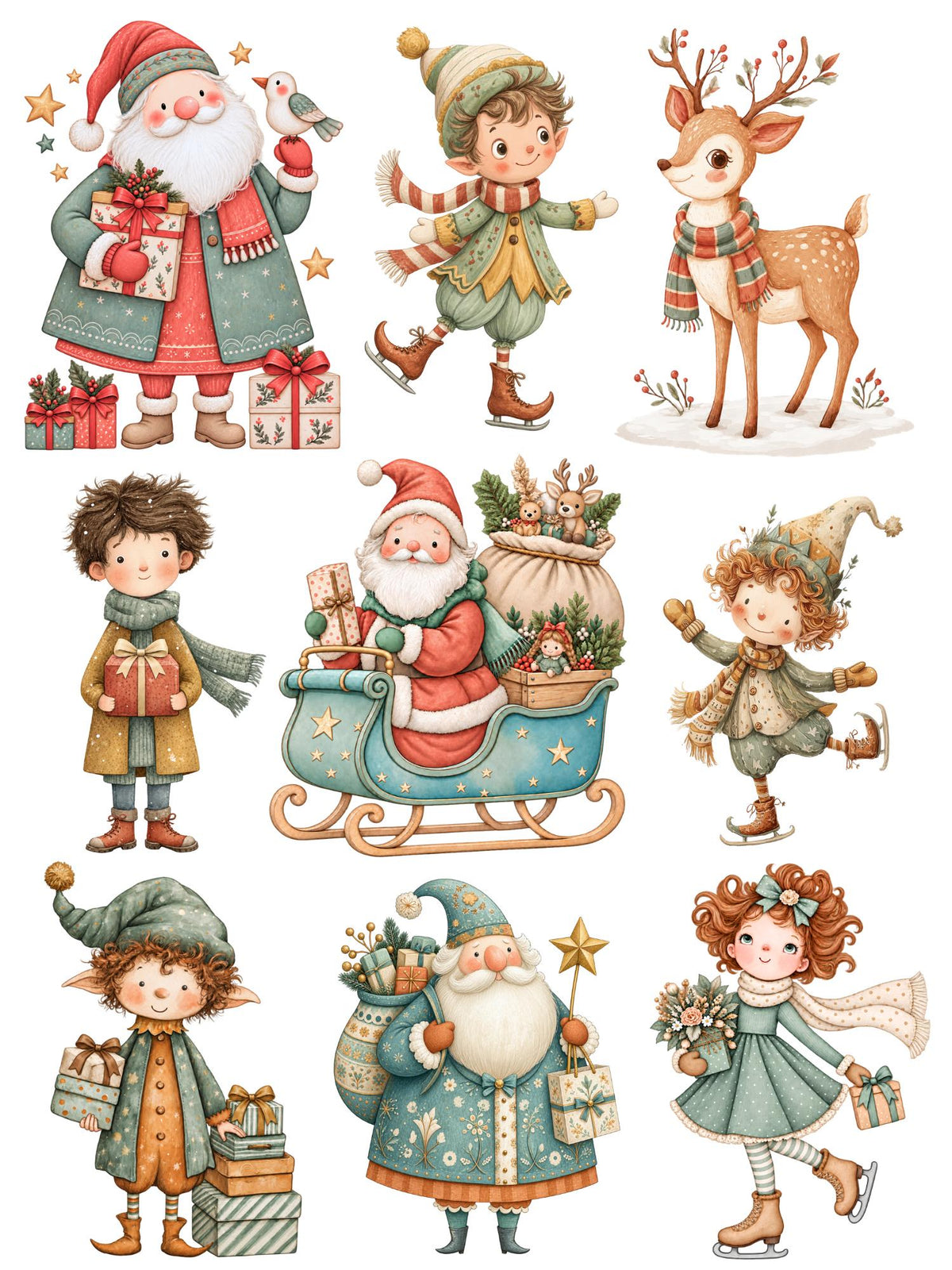 Whimsical Christmas rub-on transfer sheet 1 with Santa, skating elves, a reindeer and children in muted holiday colors.