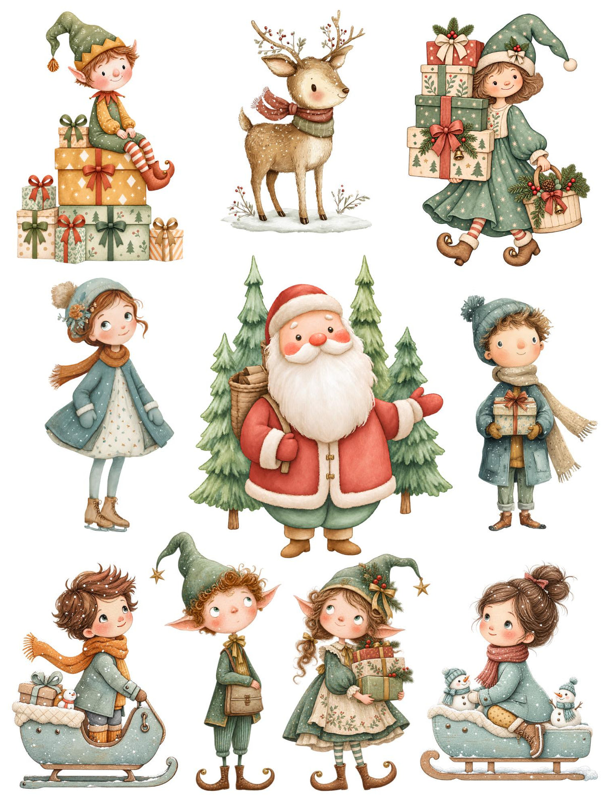 Whimsical Christmas rub-on transfer sheet 2 with Santa among trees, gift-bearing elves, reindeer and children on sleds.