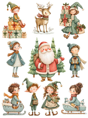 Whimsical Christmas rub-on transfer sheet 2 with Santa among trees, gift-bearing elves, reindeer and children on sleds.